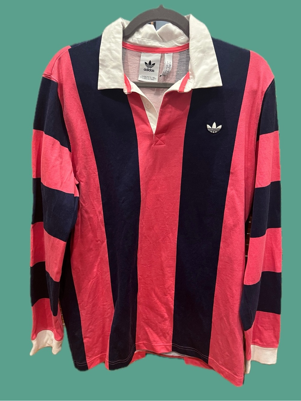 Adidas L Rugby Shirt in Pink and Navy Vertical Stripes